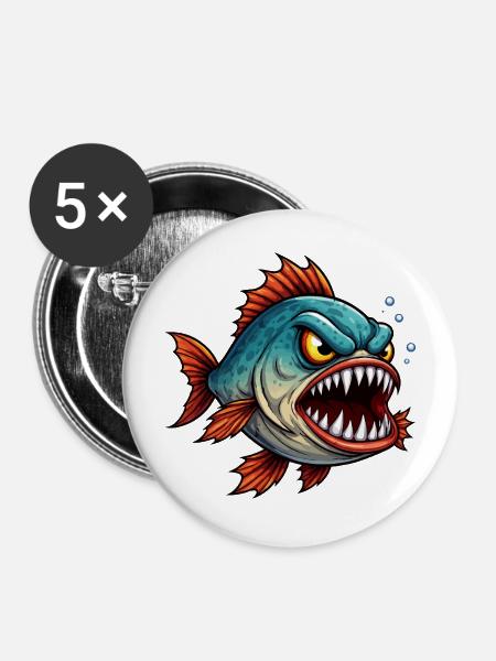 Piranha Tiefseejäger - Buttons mittel 32 mm (5er Pack) - Weiß