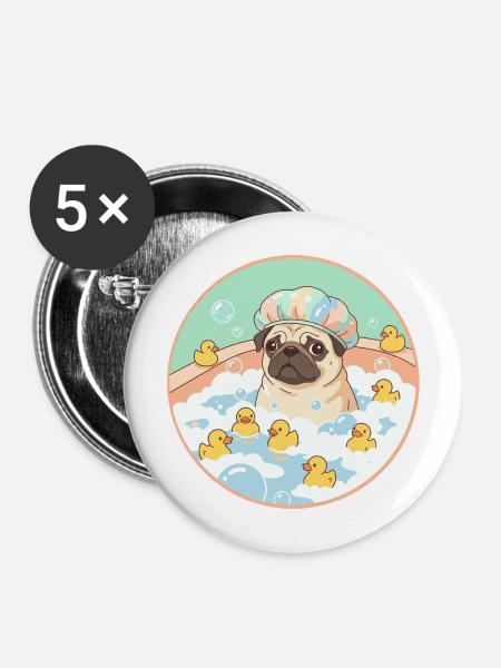 Mopps beim Badespaß - Buttons mittel 32 mm (5er Pack) - Weiß