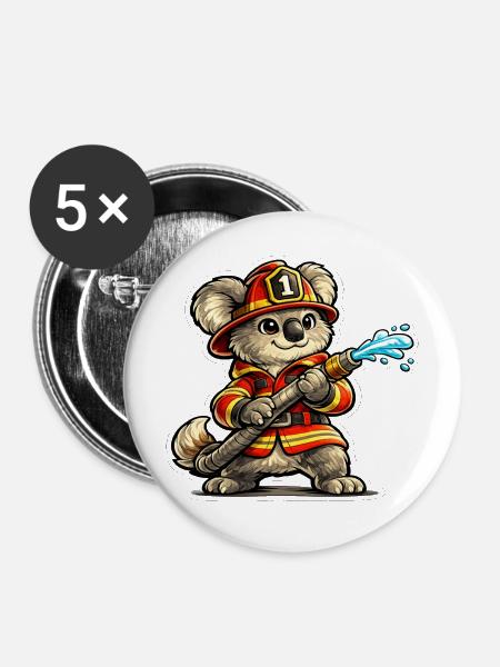 Feuerwehrkoala Wasserstrahl - Buttons mittel 32 mm (5er Pack) - Weiß