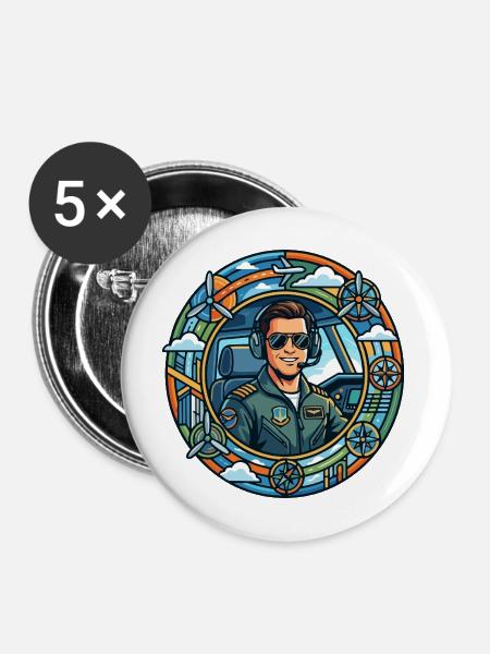 Comic-Pilot im Cockpit Rundflug - Buttons mittel 32 mm (5er Pack) - Weiß