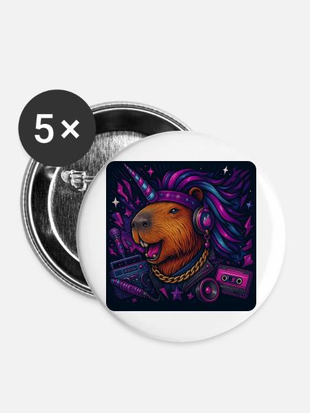 Capybara Einhorn Party - Buttons mittel 32 mm (5er Pack) - Weiß