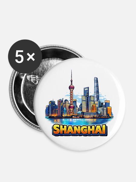 Shanghai Skyline Illustration - Buttons mittel 32 mm (5er Pack) - Weiß