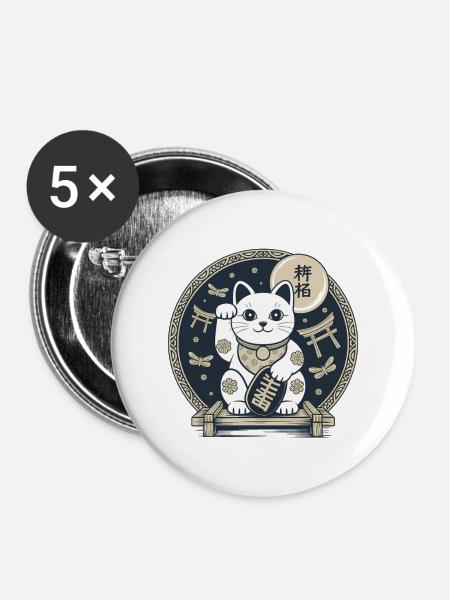 Maneki Neko Nachtmedaillon - Buttons mittel 32 mm (5er Pack) - Weiß