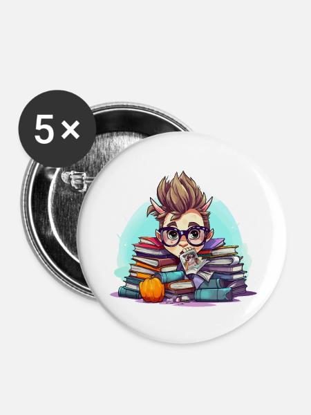 Büchernerd im Bücherstapel - Buttons mittel 32 mm (5er Pack) - Weiß
