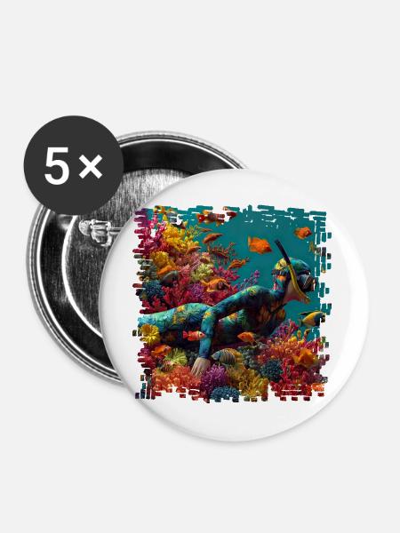 Korallenriff Taucher Panorama - Buttons mittel 32 mm (5er Pack) - Weiß