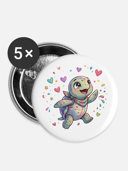 Regenbogen Turtle mit Herzmustern - Buttons mittel 32 mm (5er Pack) - Weiß