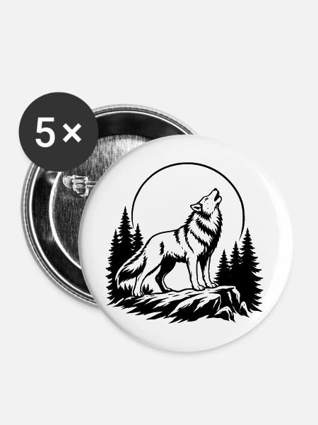 Wolf mit Vollmond - Buttons mittel 32 mm (5er Pack) - Weiß