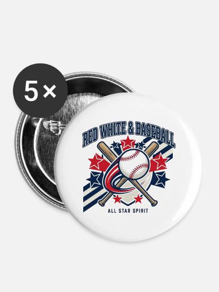 Red White Baseball All Star Spirit - Buttons mittel 32 mm (5er Pack) - Weiß