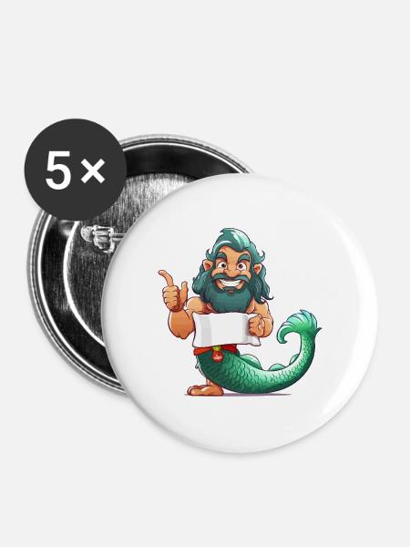 Meerheld mit Bart und Flosse - Buttons mittel 32 mm (5er Pack) - Weiß
