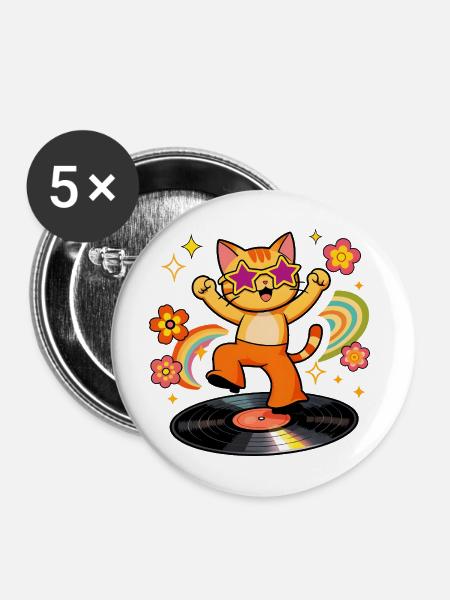 Disco-Katze auf farbigem Vinyl - Buttons mittel 32 mm (5er Pack) - Weiß