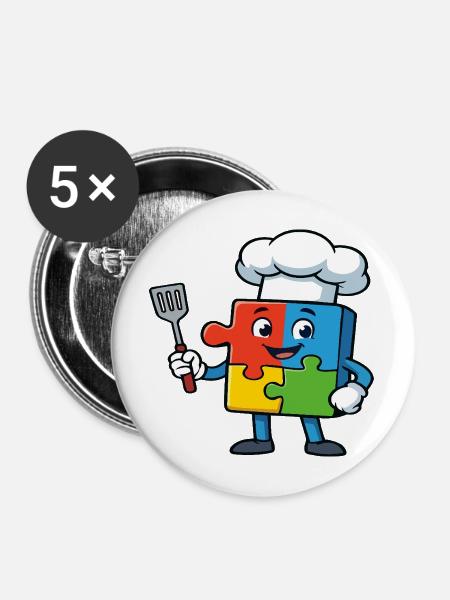 Puzzle Piece Chef Maskottchen - Buttons mittel 32 mm (5er Pack) - Weiß