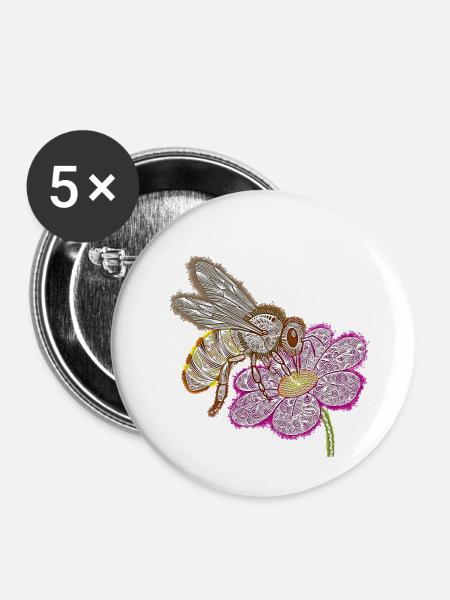 Zentangle-Biene - Buttons mittel 32 mm (5er Pack) - Weiß