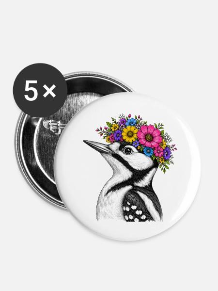 Blütenkranz Vogel  - Buttons mittel 32 mm (5er Pack) - Weiß