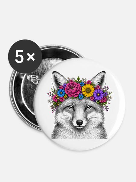 Fuchskopf mit Blumenkranz - Buttons mittel 32 mm (5er Pack) - Weiß
