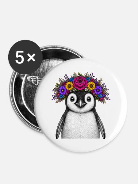 Pinguin mit Blumenkrone - Buttons mittel 32 mm (5er Pack) - Weiß