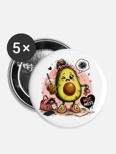Kawaii Avocado Hot Mess - Buttons mittel 32 mm (5er Pack) - Weiß