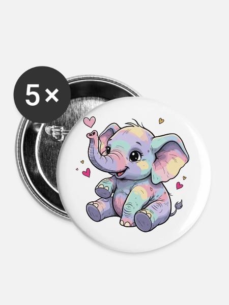 Pastell Elefant Kuschelherz - Buttons mittel 32 mm (5er Pack) - Weiß