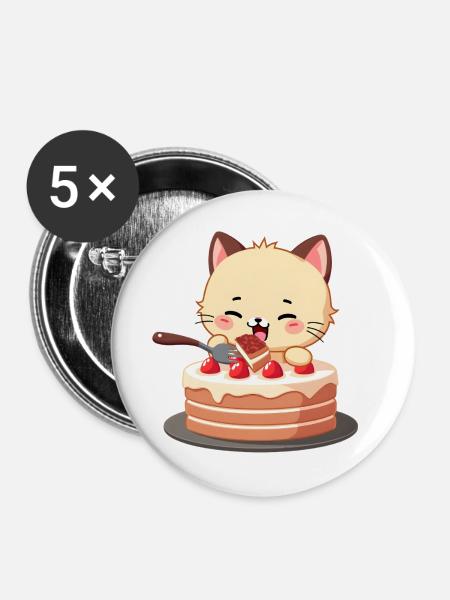 Katze isst Kuchen - Buttons mittel 32 mm (5er Pack) - Weiß