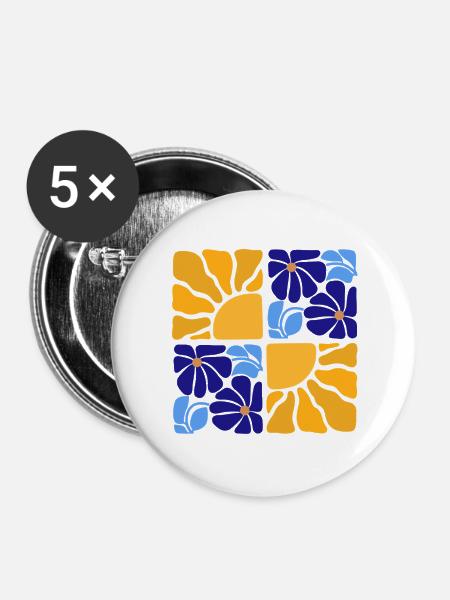 70s Retro Blumen & Sonne Design - Buttons mittel 32 mm (5er Pack) - Weiß
