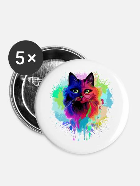 Katzen-Psychedelische Trip-Farbflecken - Buttons mittel 32 mm (5er Pack) - Weiß