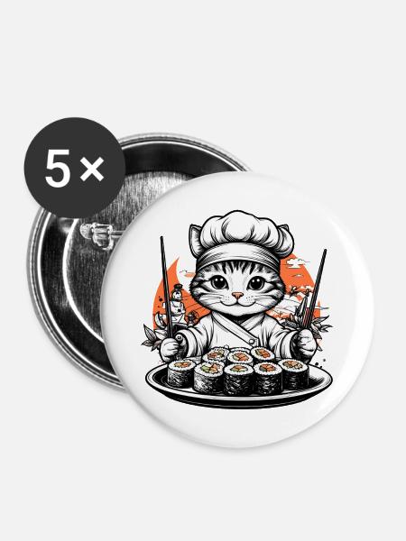 Katze als Koch Sushi Meister - Buttons mittel 32 mm (5er Pack) - Weiß