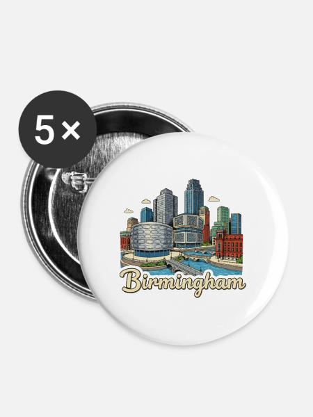 Birmingham Canal Skyline Retro Handgezeichnetes Abzeichen - Buttons mittel 32 mm (5er Pack) - Weiß