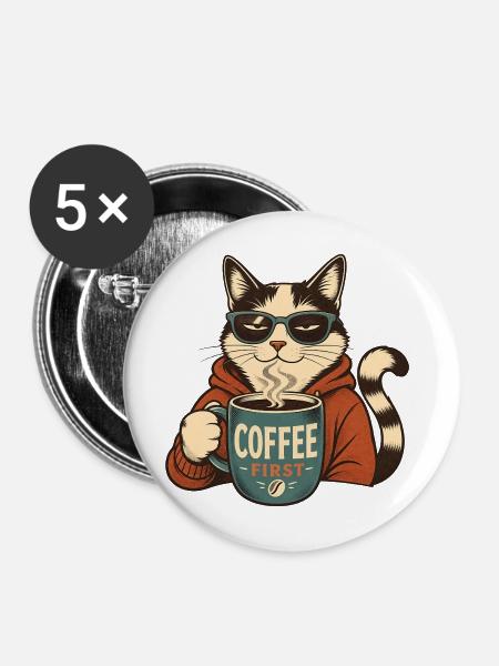 Coffee First Katze - Buttons mittel 32 mm (5er Pack) - Weiß