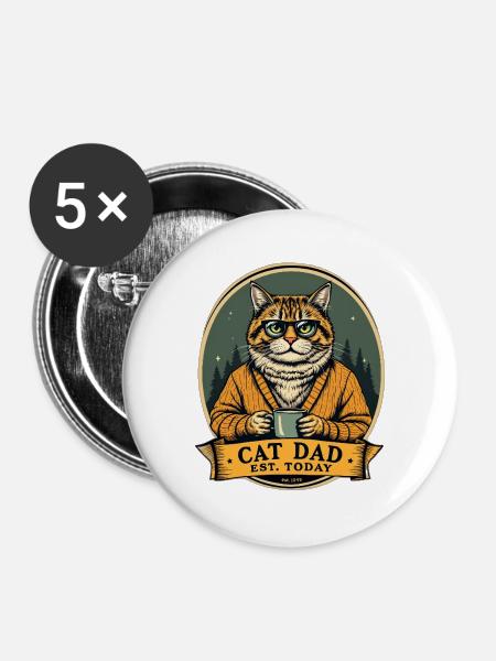 Cat Dad Kaffeezeit im Wald - Buttons mittel 32 mm (5er Pack) - Weiß