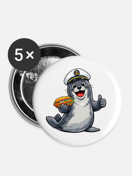 Seehund mit leckerem Fisch - Buttons mittel 32 mm (5er Pack) - Weiß