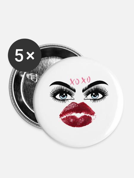 Kusslippen und Augen Glamour - Buttons mittel 32 mm (5er Pack) - Weiß
