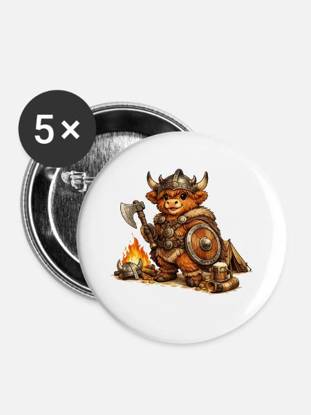 Highland Cow Wikinger - Buttons mittel 32 mm (5er Pack) - Weiß