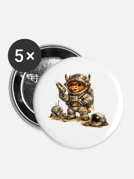 Highland Cow Astronaut - Buttons mittel 32 mm (5er Pack) - Weiß