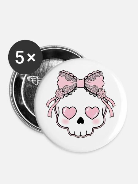 Kawaii Schädel Herzaugen - Buttons mittel 32 mm (5er Pack) - Weiß