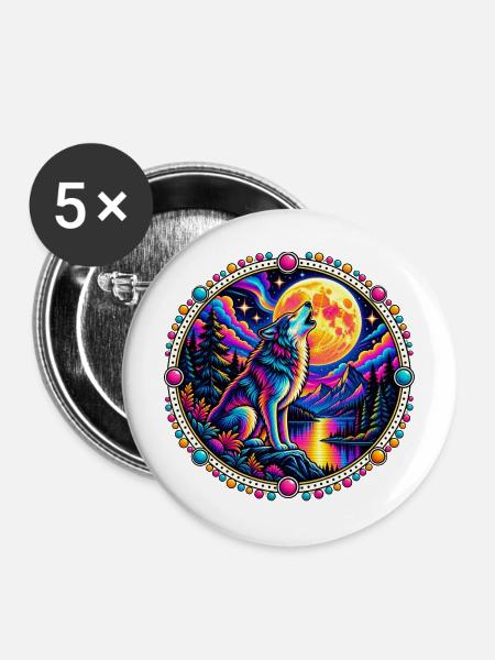 Heulender Wolf im Neon-Mondlicht - Buttons mittel 32 mm (5er Pack) - Weiß