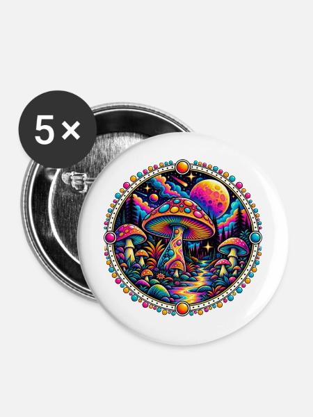 Psychedelischer Pilzwald - Buttons mittel 32 mm (5er Pack) - Weiß