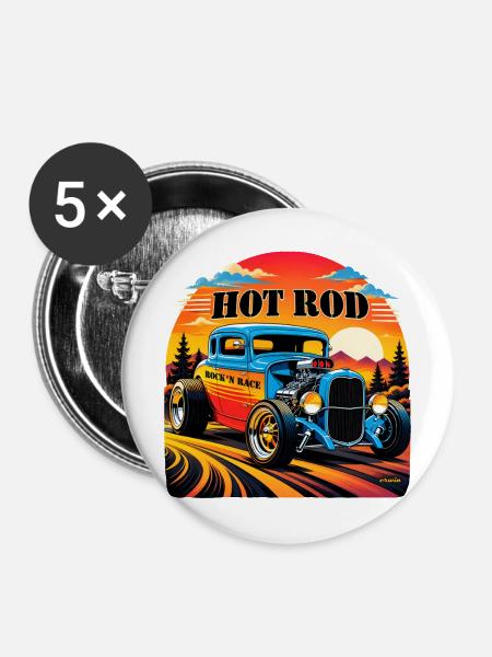Hot Rod – Rock'n Race Retro - Buttons mittel 32 mm (5er Pack) - Weiß