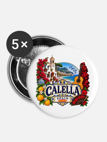 Calella – Sol, Mar & Vida - Buttons mittel 32 mm (5er Pack) - Weiß