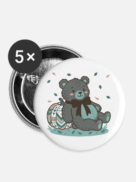 Grauer Teddybär mit gestempeltem Kürbis - Buttons mittel 32 mm (5er Pack) - Weiß