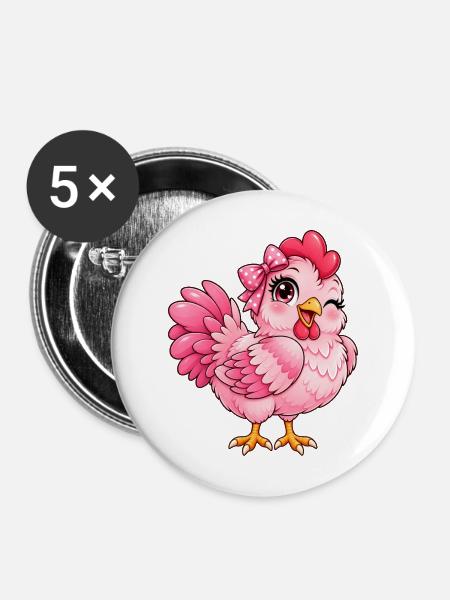 Kawaii Pink Hen - Buttons mittel 32 mm (5er Pack) - Weiß