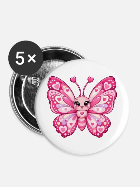 Kawaii-Rosa Schmetterling mit Herzen - Buttons mittel 32 mm (5er Pack) - Weiß