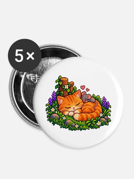 Kuschelnder Gartenkater mit Maus - Buttons mittel 32 mm (5er Pack) - Weiß