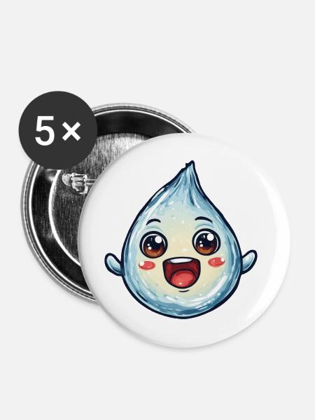 Kawaii Wassertropfen mit Gesicht - Buttons mittel 32 mm (5er Pack) - Weiß
