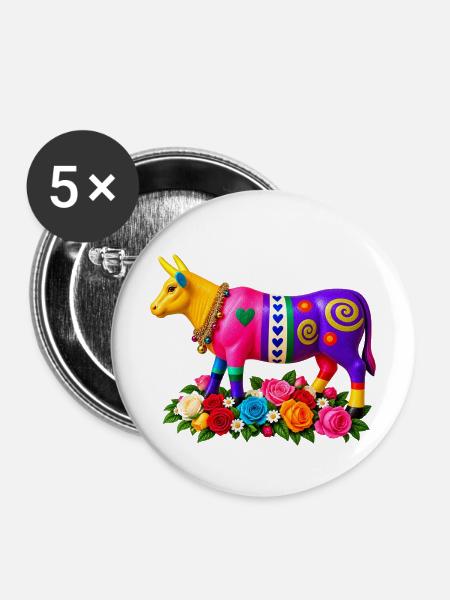 Bunter Stier mit Blumen - Buttons mittel 32 mm (5er Pack) - Weiß