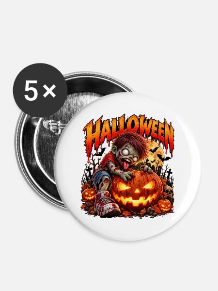 Zombie-Kind am Halloween-Pumpkin - Buttons mittel 32 mm (5er Pack) - Weiß