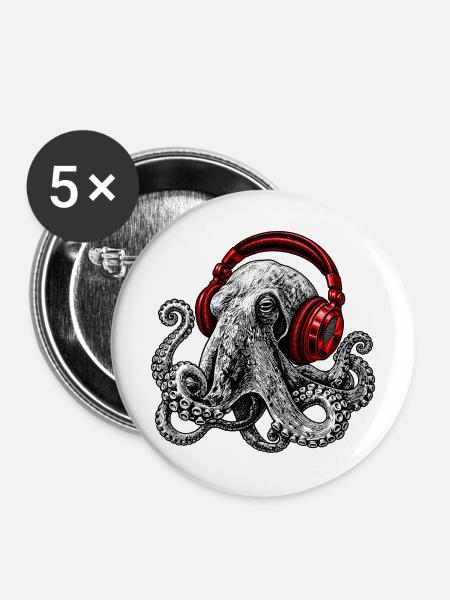 Octopus Beats mit Roten Kopfhörern - Buttons mittel 32 mm (5er Pack) - Weiß