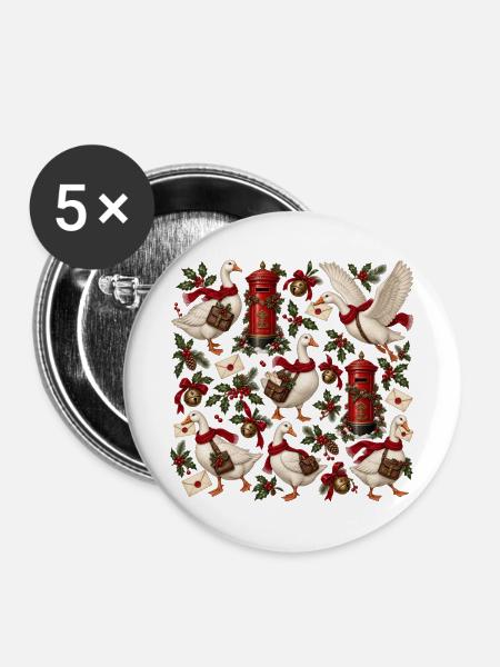 Gänse im Weihnachtspostmuster - Buttons mittel 32 mm (5er Pack) - Weiß