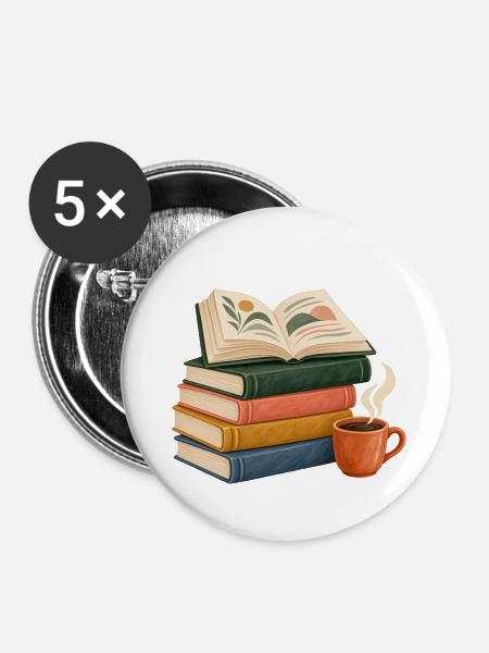 Bücherstapel Morgenkaffee - Buttons mittel 32 mm (5er Pack) - Weiß