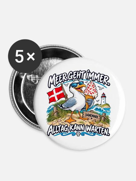 Meer geht immer Dänemark Strand - Buttons mittel 32 mm (5er Pack) - Weiß