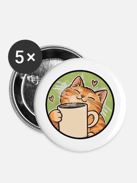 Cozy Cat Coffee Heart Illustration - Buttons mittel 32 mm (5er Pack) - Weiß
