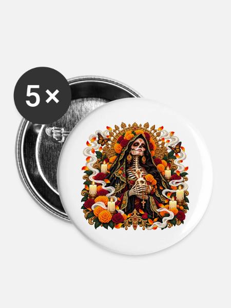 Santa Muerte im Blütenlicht - Buttons mittel 32 mm (5er Pack) - Weiß